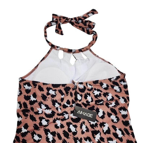 Leopard Print Halter Neck One-Piece Swimsuit Ruched Design Women  Aimage Size XL - Picture 6 of 6